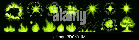 Pixel art explosion in glowing green toxic flames and bright energy bursts on black. Retro 8 bit game elements with pixelated blasts, vintage arcade attack animations and dramatic boom effects on dark Stock Vector
