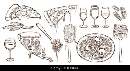 Italian pasta illustration with pizza slices and wine glasses. Hand drawn food doodle set with spaghetti on plates, penne pasta pieces and tomatoes. Line art mediterranean restaurant menu design icon Stock Vector