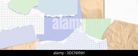 Funky paper collage background with torn notebook sheets and ripped edges. Pastel colored paper scraps, grid textures and tape pieces arranged in vintage scrapbook style for y2k banners design. Stock Vector