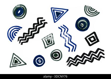Abstract set of hand drawn black, blue, and green geometric shapes of triangles, circles, wavy lines. Marker doodle art. Ideal elements for kids desig Stock Photo