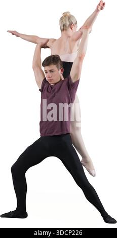 Male and female ballet dancers performing graceful lift in flat design, white seamless backdrop Stock Photo