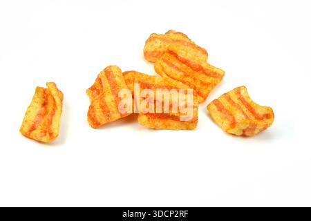 Bacon Chips. Delicious bacon snacks isolated on white background. Pelleted salted snack bacon. Smoked bacon flavored chips. Stock Photo