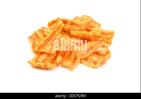Bacon Chips. Delicious bacon snacks isolated on white background. Pelleted salted snack bacon. Smoked bacon flavored chips. Stock Photo