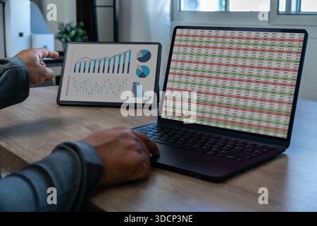 analysis data man using a tablet to analysis chart marketing company financial budget report strategy in office statistic professional Analyzing Finan Stock Photo