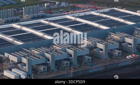 Aerial drone video of the Winschoten data center in The Netherlands, highlighting large-scale cloud computing infrastructure powered by solar energy, Stock Photo