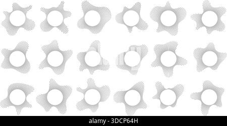 Circular sound visualization with radial wave line pattern vector set. Abstract audio spectrum ring geometric burst shape. Stock Vector