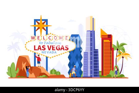 Las Vegas Welcome Sign And Skyline - Colorful Flat Design Illustration Stock Vector