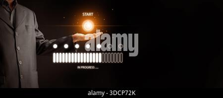 Start button in businessman hand with digital indicator bar in progress. Business launch, project management technology, task improvement, system star Stock Photo