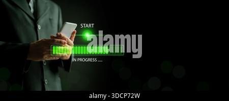 Green start button and digital progress bar loading on a smartphone. Workflow execution, process tracking technology, system startup, project stages, Stock Photo