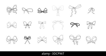 Thin ribbon bow accessory pink coquette set. Whimsical gift element vintage hand drawn for romantic invitation, birthday, card, wedding design. Vector illustration Stock Vector