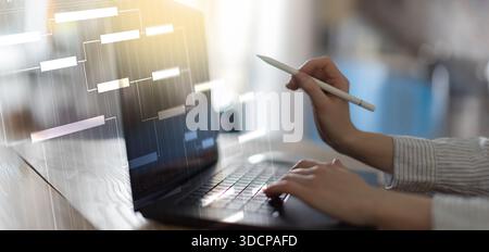 Project Management and Workflow Scheduling Illustrated on a Digital Gantt Chart Interface. Stock Photo
