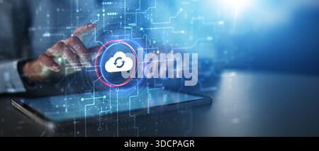 Cloud Computing and Data Synchronization Technology Illustrated on Futuristic Digital Interface. Stock Photo