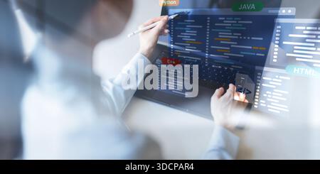 Software Development and Programming Languages Displayed on a Virtual Coding Interface. Stock Photo