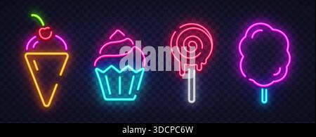 Colorful neon vector icons of ice cream, cupcake, lollipop, and cotton candy. Perfect for dessert menus, food branding, and cafe decorations. Stock Vector