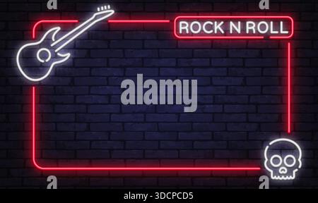 Bold neon vector frame with electric guitar and skull elements. Designed for rock concerts, music posters, and club promotions. Stock Vector