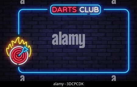 Bright neon vector frame with dartboard and arrow symbol. Perfect for pub interiors, tournament announcements, and game club advertising. Stock Vector