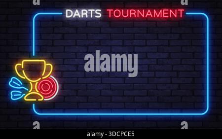 Glowing neon vector frame with trophy and dartboard icon. Created for competition posters, sports events, and championship promotions. Stock Vector