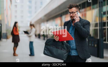 Businessman on a city street talks on the phone while holding a red folder and briefcase Stock Photo