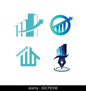 Set of business and finance icons in blue gradient colors, conveying growth, success, and creativity Stock Vector