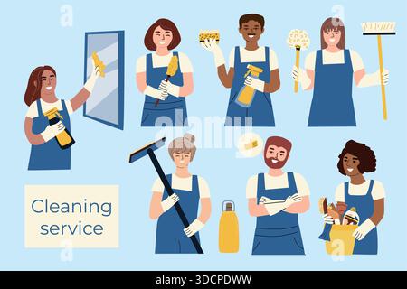 Cartoon cleaners set. Vector illustration on blue background. Home cleaning workers. Cartoon characters with cleaning tools. Diverse ethnicity in company. Stock Vector