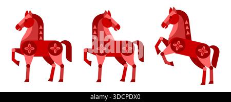 Set of three red folk art horse with geometric pattern. Stylized red horses with traditional Chinese ornament for Year of the Horse. Decorative animal Stock Vector