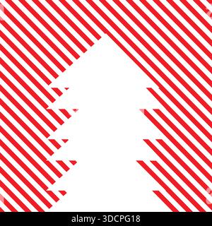 Christmas Tree Card Template with Candy Cane Style Background, Red and White Striped Festive Design Stock Vector