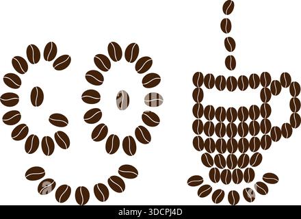 Letters GO made of Coffee beans like cute smiley face and coffee Cup with steam of coffee grains Set. Isolated Vector illustration Sticker Icon logo Motivation cards or Coffee Day Greeting design idea Stock Vector