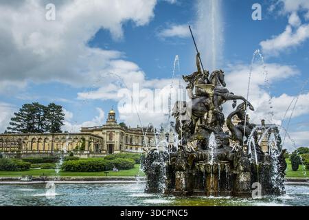 The Perseus and Andromeda fountain in full display at the ruined Witley Court, Worcestershire, England. Stock Photo
