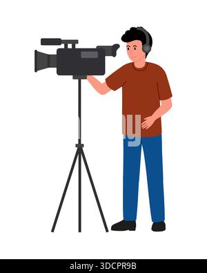 Professional cameraman stands with camera. Man in brown shirt and blue pants holding camera on tripod. Flat vector illustration. Stock Vector