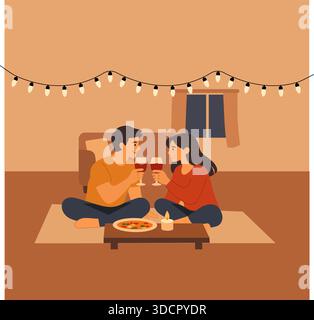 A cozy vector illustration of a couple sharing wine and pizza on a floor rug under warm string lights, creating a romantic and intimate atmosphere. Stock Vector