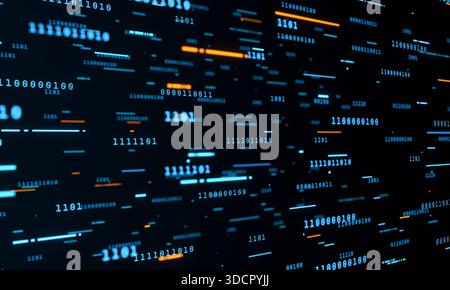 Abstract blockchain concept, data blocks, binary code, digital processing in orange and blue. Abstract blockchain concept, data blocks, binary code, digital processing in orange and blue. Science, technology, software, machine learning, big data, deep learning, computer equipment. 3D animation img technology091s02 abstract data binary code concept Stock Photo