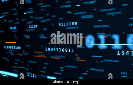 Close up abstract blockchain concept, data blocks, binary code, digital processing in orange and blue. Close up abstract blockchain concept, data blocks, binary code, digital processing in orange and blue. Science, technology, software, machine learning, deep learning, computer. 3D animation img technology091s03 abstract data binary code concept Stock Photo