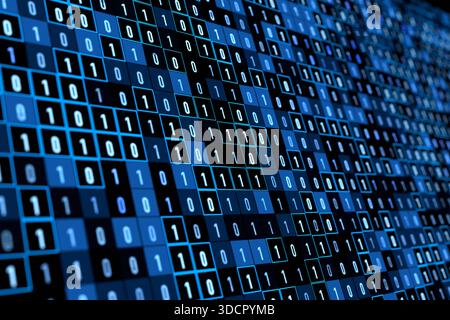 Abstract blue cubes with binary code, bit, byte, encryption, big data. Abstract blue cubes with binary code, bit, byte, encryption, big data. Machine learning, AI, artificial intelligece, science, code, one and zero. 3D illustration img technology093s02 abstract binary code Stock Photo
