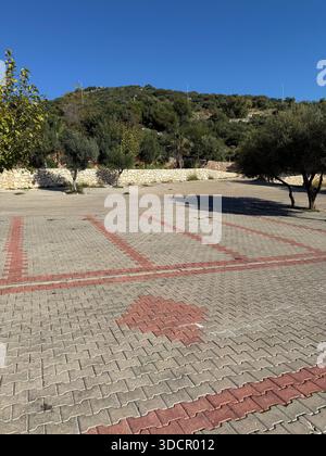 Empty parking lot with interlocking brick pavement and trees in sunny landscape background. Mobile photo Stock Photo