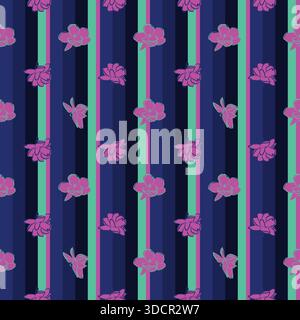 Pink Jasmin, Contrast seamless vibrant jasmine flowers pattern, Vector floral illustration with stripes background. Wallpaper, nostalgia, holiday Stock Vector
