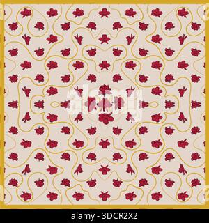 Hand-drawn red luxury square floral pattern featuring roses. Elegant vector illustration suitable for floral wallpaper, Valentine’s Day designs Stock Vector