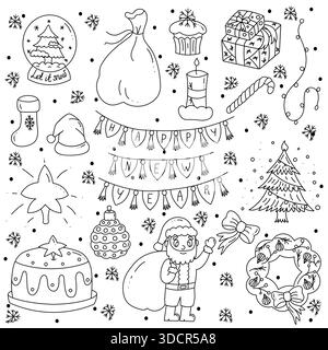 Set of cute doodle icon and stickers.Christmas,New Year designs.Star,glitter,Santa claus,Christmas tree,cake,Christmas wreath Stock Vector