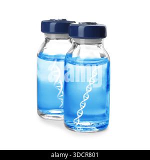 DNA strands in vials with vaccine on white background Stock Photo