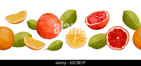 Watercolor Citrus Slices And Leaves Illustrated For Morning Cafe Menu With Grapefruit, Orange And Lemon Halves And Wedges, Scattered Leaves, Zesty Col Stock Photo