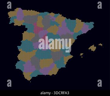 Spain dotted map. Digital style map of the country on a dark background. Spain shape with square dots. Colored dots style. Small size squares. Stock Vector