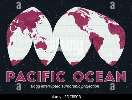 World map featuring the Bogg interrupted eumorphic projection, centered on the Pacific Ocean. Stock Vector