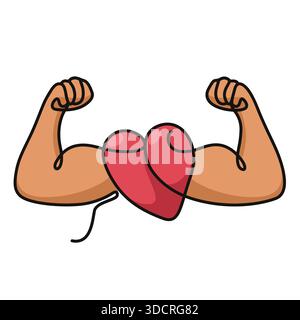 Illustration of a red love symbol with strong arms on the left and right with aesthetic line art Stock Vector
