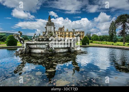 Reflections of the Perseus and Andromeda fountain and ruined Witley Court mansion in Worcestershire, England. Stock Photo