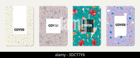 Note book cover design. Terrazzo abstract background made of natural stones, granite, quartz and marble. Venetian terrazzo texture note book template. Stock Photo