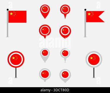 China Pin Map Icon Collection on White Background. Location Marker Symbol Set Stock Vector