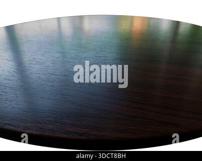 Polished dark brown circular wooden tabletop against white background. Features smooth reflective surface with natural wood grain textures and elegant Stock Photo