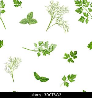 Green sprigs of dill, parsley and basil, seamless pattern. Watercolor illustration. Culinary herbs isolated on background. Suitable for recipes, menus Stock Photo