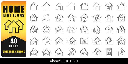 Clean And Modern Home Line Icon Set Featuring 40 Editable Stroke Icons For Real Estate, Property Management, Smart Home, Security, Rent, Sale Stock Vector