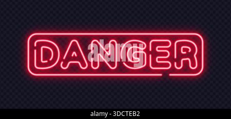 Red neon danger sign in bold vector design, ideal for warning messages and alert visuals. Strong illumination enhances contrast on dark scenes. Stock Vector
