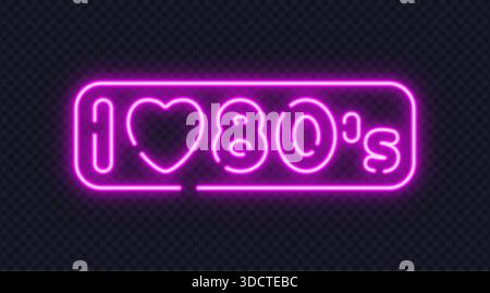 Pink neon I love 80s sign with heart symbol, inspired by retro nightlife aesthetics. Ideal for party designs, music posters, and nostalgic concepts. Stock Vector